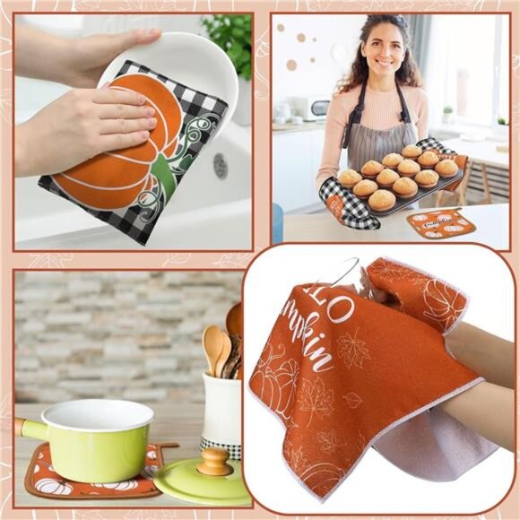 6 Pack Fall Thanksgiving Kitchen‎ Set with 2 Pcs Kitchen Pumpkin Dish Towel - Picture 4 of 6